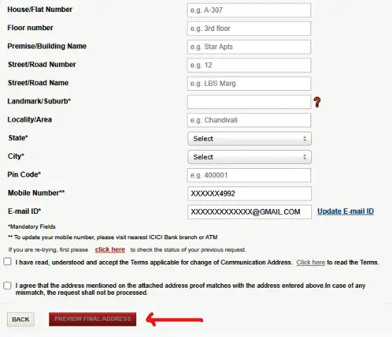 icici bank me pata change krne ke liye address chnage kar preview final address par click kare