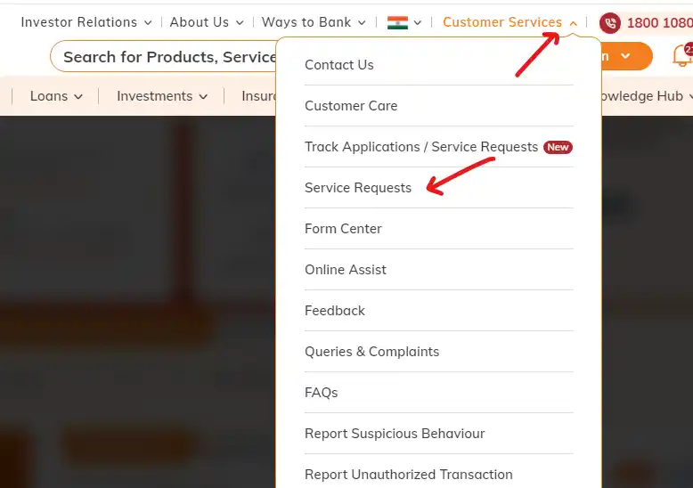 icici bank me pata change krne ke liye customer service ke option par click kare