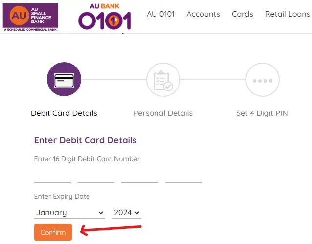 au bank debit card pin generation online