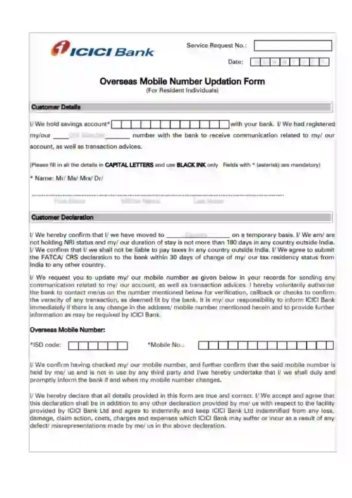 icici bank mobile number change form